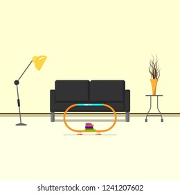  interior living room with bookcase,sofa, houseplant. Vector flat illustration