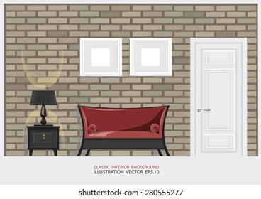 Interior of a living room with brick wall. Flat design illustration. EPS 10 vector file.