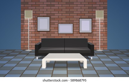Interior of the living room with brick wall and couch and lamps.