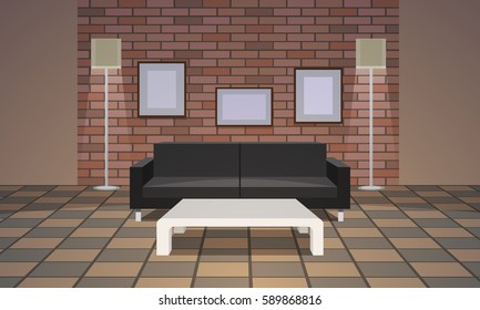 Interior of the living room with brick wall and couch and lamps.