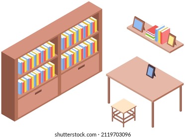 Interior of living room in cartoon retro style. Wooden table, stool, bookcase and shelf with pictures on white background. Empty premise with furnishings for design, apartment equipment elements