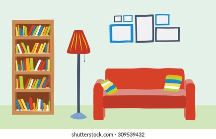 Interior living room in cartoon style. Sofa, bookcase and lot picture frame on the wall. Editable Vector illustration