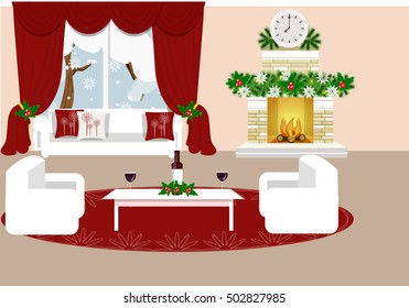 The interior of the living room. Christmas interior-vector illustration. Cartoon