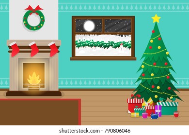 interior living room in christmas theme for holiday and christmas tree with presents background