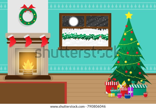 Interior Living Room Christmas Theme Holiday Stock Vector