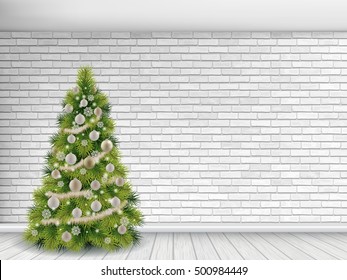 Interior living room with christmas tree on brick wall. Vector christmas background.