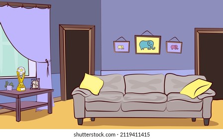 The interior of the living room. Comfortable beige sofa, with yellow pillows, wardrobe with cup, décor, doors. A scene from the passage room. Vector illustration in the style of comics.