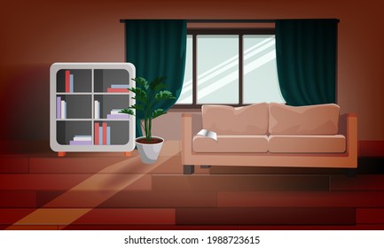 Interior of the living room. A comfortable sofa, a window, a shelf with books and indoor plants, parquet, A sunny day penetrates the window.