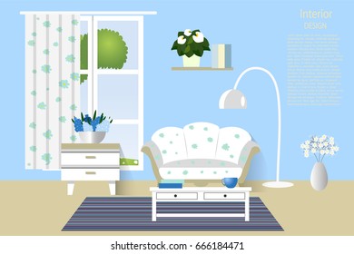 The interior of the living room. A cosy room with sofa, table, nightstand, a lot of houseplants. Flat design. Vector illustration .