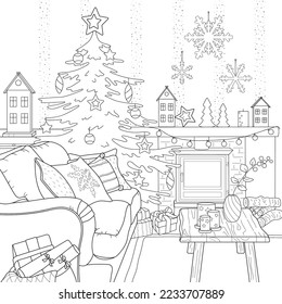 Interior. Living room decoration for Christmas and New Year. A cozy sofa, a Christmas tree and a festive decor by the fireplace.Vector illustration, coloring book.