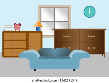 Interior of the living room, Design of a cozy room with sofa, cabinet and decor accessories - Vector illustration