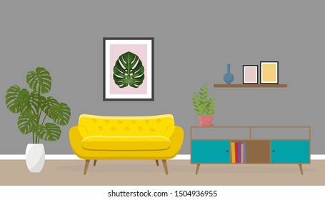 Interior of the living room. Design of a cozy room with sofa, TV stand and decor accessories. Flat style, vector graphic design template