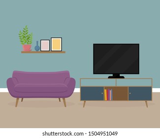 Interior of the living room. Design of a cozy room with sofa, TV stand and decor accessories. Flat style, vector graphic design template