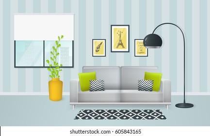 Interior of the living room. Design of a cozy room with sofa, lamp, window and decor accessories. Vector illustration.