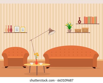 Interior of living room design in flat style with furniture, armchair, sofa, lamp, bookshelf, hot coffee and flowers on a table. Vector illustration.