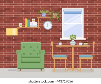 Interior of living room and dining room in flat style. Home room with red brick wall. Vector illustration