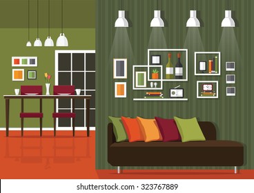 Interior of a living room and dining room Modern flat design illustration