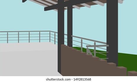 The interior of the living room, dining room, stairs, balcony with furniture, panoramic windows, ornamental plants, and decoration accessories. Interior Illustration Vector. -Vectors