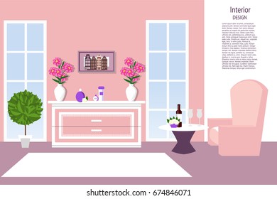 The interior of the living room. Elegant room in pink color. Vector illustration. Cartoon.