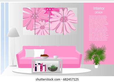 The interior of the living room. Elegant living room in pink color. Room in a modern style. Cartoon. Vector illustration