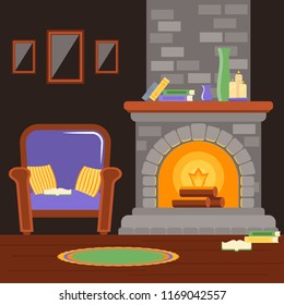 Interior living room with fireplace and armchair, reading room. Vector illustration in the style of flat.