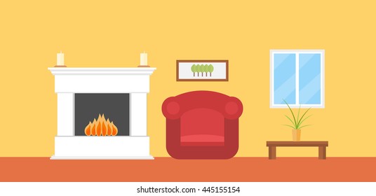Interior living room with fireplace, chair, table, picture, plant, vector illustration in flat style