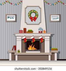 Interior living room with fireplace decorated for Christmas and the new year.