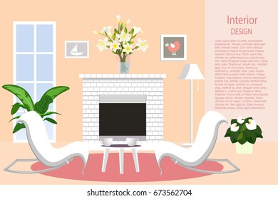 The interior of living room with fireplace. Flat design.Vector illustration.