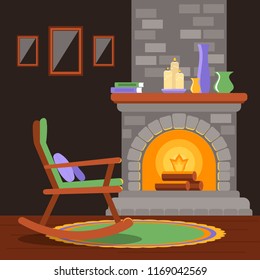 Interior of a living room with a fireplace and a rocking chair. Vector illustration in the style of flat.
