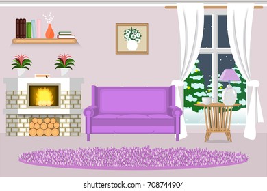 The interior of the living room. Fireplace, sofa , winter landscape outside the window. Cartoon. Vector.