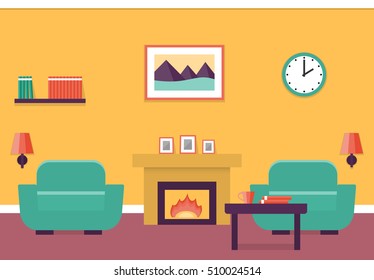 Interior of living room with fireplace and two armchairs in flat design. Vector illustration.