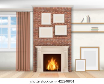 Interior living room with fireplace and window. Realistic vector illustration.