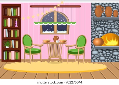 The interior of living room with fireplace. Winter evening, a cozy kitchen, dinner. Cartoon. Vector.?