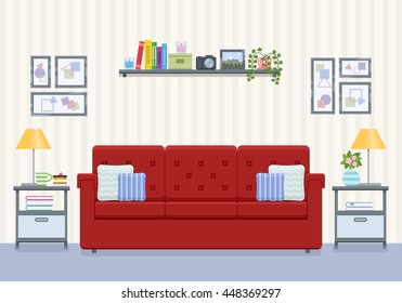 Interior of living room in flat style. Home room with big red sofa. Vector illustration