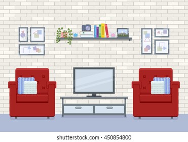 Interior of living room in flat style. Home room with with two armchairs and tv stand. Vector illustration