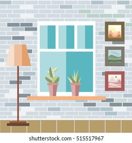 Interior of a living room in flat style. Home room with  brick wall. Vector illustration. Illustration of a flat style.