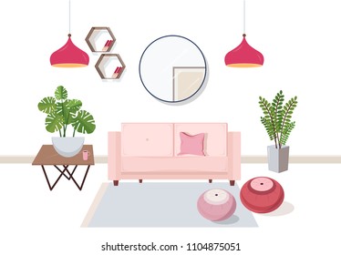 Interior of living room full of comfortable furniture and home decorations - couch, coffee table, house plants, ottoman footstools, shelves, lamps, mirror. Colorful vector illustration in flat style