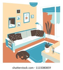 Interior of living room full of comfy furniture and home decorations - couch, table, house plants, carpet, wall pictures. Apartment furnished in Scandinavian style. Flat colorful vector illustration.