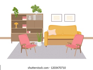 Interior of living room furnished with retro furniture and home decorations in 1970-s style - comfortable sofa, armchairs, shelving, houseplants, lamp, carpet. Flat cartoon vector illustration.