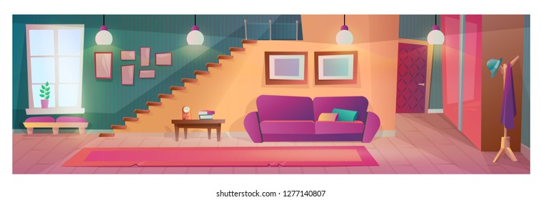 Interior living room with furniture, accessories. Interior of apartment with wardrobe hanger, sofa, desk, side view stairs to top, paintings, burning lamps. Illustration in cartoon style.