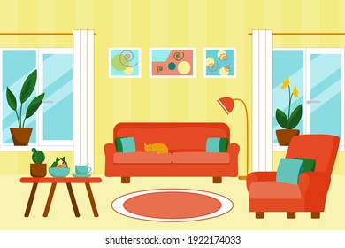Interior of the living room with furniture. Cat is sleeping on the couch. There are cushions on the chair and sofa. Flowers are on the windowsill. Flat style vector illustration