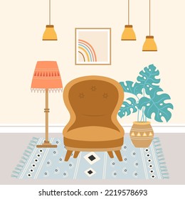 interior of living room with furniture, cozy armchair on carpet with floor lamp and houseplant, flat cartoon style, vector illustration in scandinavian style