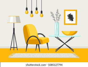 Interior living room. Furniture and home decor. Illustration in flat style.