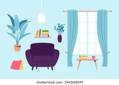 Interior of the living room with furniture. Modern armchair with mini table. Flat cartoon style. Vector illustration.