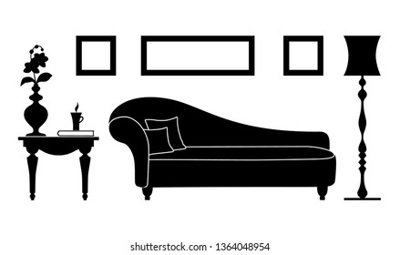 Interior living room with furniture silhouettes. Black and white boudoir stencil with sofa. Vector illustration.