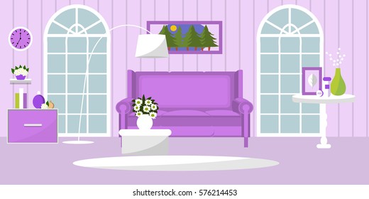 The interior of the living room. Room with furniture. Sofa, window, lamp, table, flowers. Flat style . Vector illustration. Cartoon. 