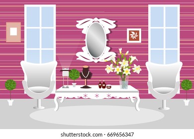 The interior of the living room. Room with furniture, table, two chairs and potted plants. Vector illustration. Cartoon