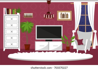 The interior of the living room. Room with furniture and TV. Cartoon. Vector. Autumn evening