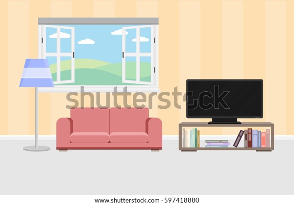 家具と窓を持つ居間のインテリア ベクター画像とイラスト のベクター画像素材 ロイヤリティフリー