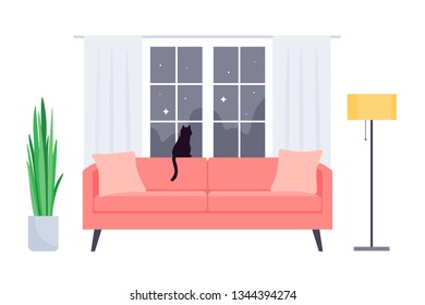 Interior of the living room in the house. Sofa, plant, window, floor lamp and cat. Vector flat illustration